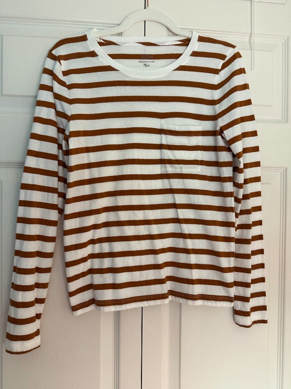 J. Crew Essential Long Sleeve Pocket Striped T-Shirt Burnt Orange White S Small